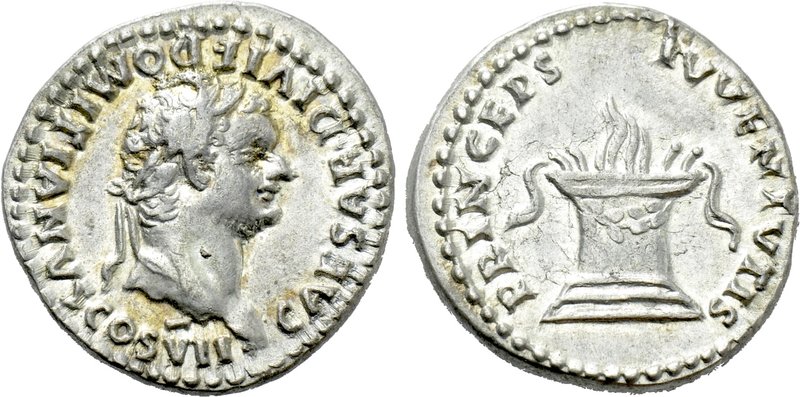 DOMITIAN (Caesar, 69-81). Denarius. Rome. 

Obv: CAESAR DIVI F DOMITIANVS COS ...