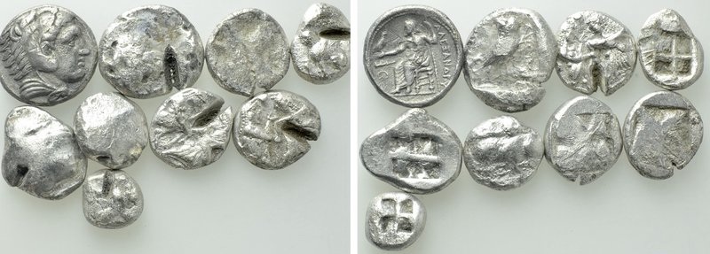 9 Greek Silver Coins; Staters, Tetradrachms etc. 

Obv: .
Rev: .

. 

Con...