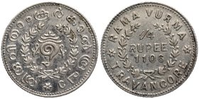 Indian Princely States
Travancore State
Rupee 1/4
Silver Quarter Rupee Coin of Rama Varma VI of Travancore.
Travancore, Rama Varma VI, Silver 1/4 ...