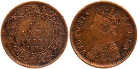 British India
Anna 1/12
Anna 1/12
Copper One Twelfth Anna Coin of Victoria Queen of Calcutta Mint of 1874.
1874, Victoria Queen, Copper 1/12 Anna,...