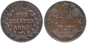 British India
Anna 1/4
Anna 1/4
Copper One Quarter Anna Coin of East India Company of Bombay Mint of 1835.
1835, East India Company, Copper 1/4 An...