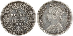 British India
Rupee 1/4
Rupee 1/4
Silver Quarter Rupee Coin of Victoria Empress of Bombay Mint of 1881.
1881, Victoria Empress, Silver 1/4 Rupee, ...