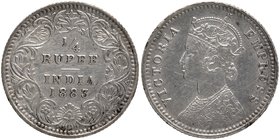 British India
Rupee 1/4
Rupee 1/4
Silver Quarter Rupee Coin of Victoria Empress of Calcutta Mint of 1883.
1883, Victoria Empress, Silver 1/4 Rupee...