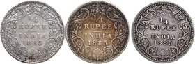British India
Rupee 1/4
Lot of 03 Coins
Silver Quarter Rupee Coins of Victoria Empress of Calcutta and Bombay Mint of 1885.
1885, Victoria Empress...