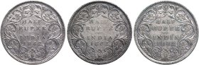 British India
Rupee 1/2
Lot of 03 Coins
Silver Half Rupee Coins of Victoria Queen of Bombay Mint of 1862.
1862, Victoria Queen, Silver 1/2 Rupee (...