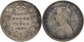British India
Rupee 1/2
Rupee 1/2
Silver Half Rupee Coin of Victoria Empress of Bombay Mint of 1884.
1884, Victoria Empress, Silver 1/2 Rupee, Bom...