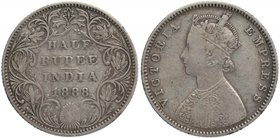 British India
Rupee 1/2
Rupee 1/2
Silver Half Rupee Coin of Victoria Empress of Bombay Mint of 1888.
1888, Victoria Empress, Silver 1/2 Rupee, Bom...