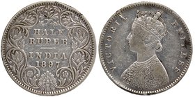 British India
Rupee 1/2
Rupee 1/2
Silver Half Rupee Coin of Victoria Empress of Bombay Mint of 1897.
1897, Victoria Empress, Silver 1/2 Rupee, Bom...