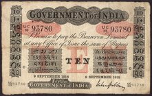 British INDIA Notes
K. G. V.
Uniface Ten Rupees Bank Note of King George V Signed by M.M.S. Gubbay of 1918 of Calcutta Circle.
British India, King ...