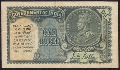 British INDIA Notes
K. G. V.
One Rupee Note of King George V Signed by J.W. Kelly of 1935.
British India, 1935, King George V, 1 Rupee, Signed by J...