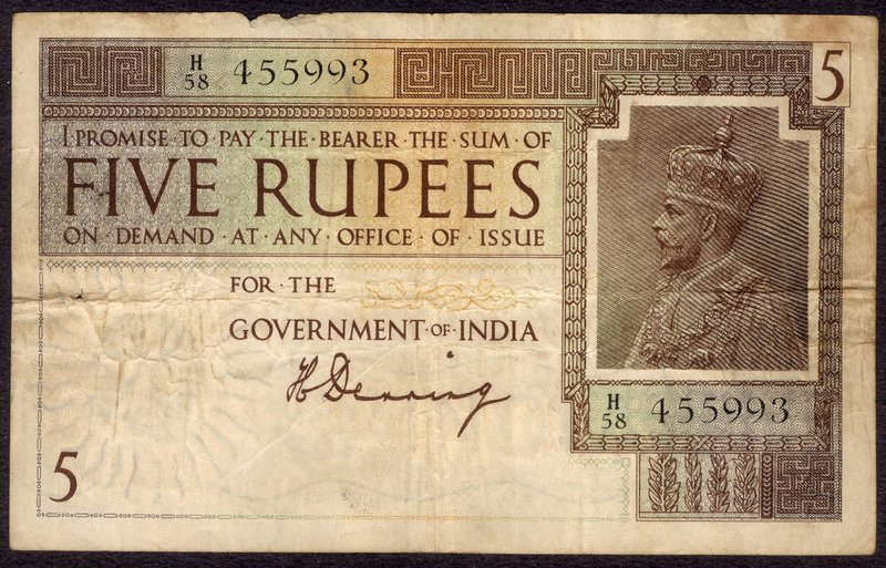 British INDIA Notes
K. G. V.
Five Rupees Bank Note of King George V Signed by ...