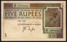 British INDIA Notes
K. G. V.
Five Rupees Bank Note of King George V Signed by J.B.Taylor of 1925.
British India, 1925, King George V, 5 Rupees, Sig...