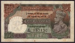British INDIA Notes
K. G. V.
Five Rupees Bank Note of King George V Signed by J.B.Taylor of 1933.
British India, 1933, King George V, 5 Rupees, Sig...