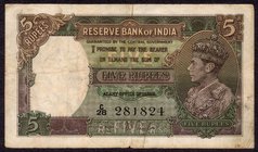 British INDIA Notes
K.G.VI
Five Rupees Bank Note of King George VI Signed by J.B.Taylor of 1938.
British India, 1938, King George VI, 5 Rupees, Sig...