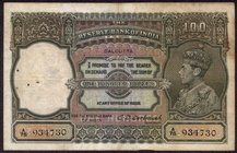British INDIA Notes
K.G.VI
One Hundred Rupees Bank Note of King George VI signed by C.D. Deshmukh of 1938.
British India, 1938, King George VI, 100...