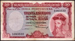 Portuguese India
30 Escudos
Indo Portuguese Thirty Escudos Note of Banco Nacional Ultramarino of 1959.
Indo Portuguese, 1959, 30 Escudos, Banco Nac...
