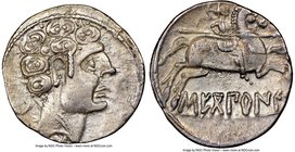 SPAIN. Sekobirikes (Segobriga). Ca. 2nd-1st centuries BC. AR denarius (18mm, 3h). NGC XF. Bare male head right, wearing necklace; crescent to left, S ...