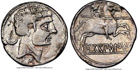 SPAIN. Sekobirikes (Segobriga). Ca. 2nd-1st centuries BC. AR denarius (19mm, 3h). NGC VF, flan flaw. Bare male head right, wearing necklace; crescent ...