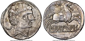 SPAIN. Sekobirikes (Segobriga). Ca. 2nd-1st centuries BC. AR denarius (19mm, 1h). NGC Choice VF. Bare male head right, wearing necklace; crescent to l...