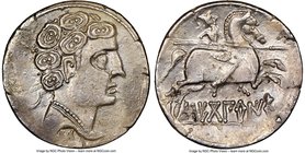 SPAIN. Sekobirikes (Segobriga). Ca. 2nd-1st centuries BC. AR denarius (20mm, 12h). NGC Choice XF. Bare male head right, wearing necklace; crescent to ...