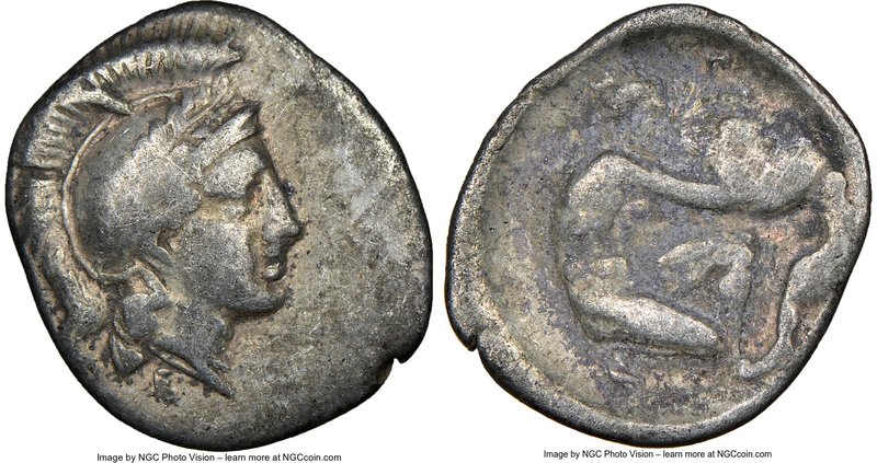 CALABRIA. Tarentum. Ca. 4th century BC. AR diobol (13mm, 11h). NGC VF. Ca. 380-3...