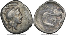 CALABRIA. Tarentum. Ca. 4th century BC. AR diobol (13mm, 11h). NGC VF. Ca. 380-325 BC. Head of Athena right, wearing laureate crested Attic helmet; E ...