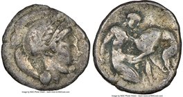 CALABRIA. Tarentum. Ca. 4th-3rd centuries BC. AR diobol (12mm, 7h). NGC Choice Fine, die shift. Ca. 325-280 BC. Head of Athena right, wearing laureate...