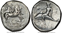 CALABRIA. Tarentum. Ca. 340-334 BC. AR stater or didrachm (21mm, 6h). NGC Choice Fine. Nude youth crowned by Nike riding horse rearing right; horse is...