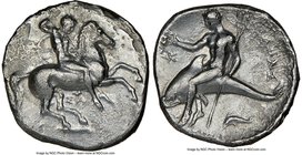 CALABRIA. Tarentum. Ca. 332-302 BC. AR stater or didrachm (22mm, 9h). NGC VF. Sa- and K-, magistrates. Nude warrior on horse rearing right, shield and...