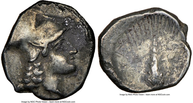 LUCANIA. Metapontum. Ca. 325-275 BC. AR diobol (11mm, 2h). NGC VF. Head of Athen...
