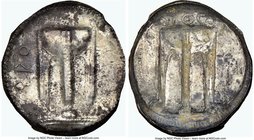 BRUTTIUM. Croton. Ca. 480-430 BC. AR stater (30mm, 8.55 gm, 12h). NGC AU 4/5 - 2/5. ϘPO, ornamented tripod in relief; raised beaded border / As obvers...