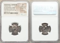 ZEUGITANA. Carthage. Hannibal in South Italy. Ca. 216-211 BC. AR half-shekel (20mm, 3.88 gm, 10h). NGC XF 4/5 - 3/5, brushed. Wreathed head of Tanit l...