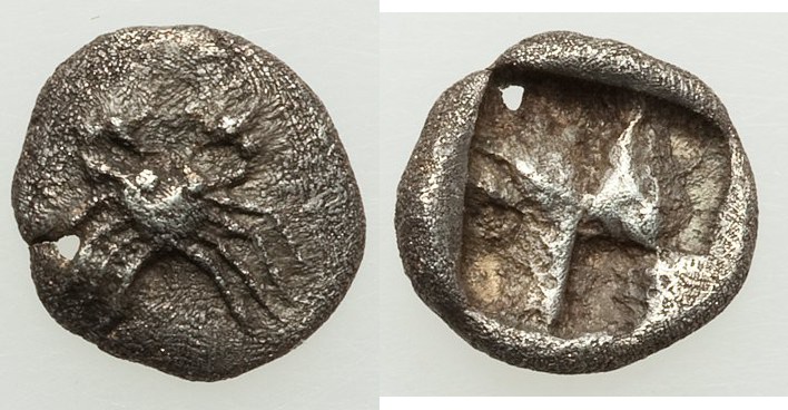 THRACO-MACEDONIAN. Uncertain city. 5th century BC. AR obol (10mm, 0.60 gm). NGC ...