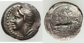 CRETE. Cydonia. Ca. early 2nd century BC. AR trihemiobol (14mm, 1.38 gm, 2h). NGC (photo-certificate) XF 4/5 - 2/5. Head of Pan left / KY, hound seate...