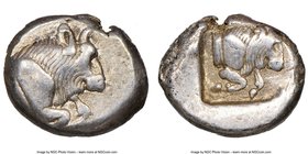 CARIA. Uncertain mint. Ca. 450-400 BC. AR diobol (11mm, 11h). NGC Choice VF. Milesian standard. Forepart of bull right, truncation decorated with pell...