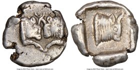 CARIA. Uncertain mint. Ca. 450-400 BC. AR obol (10mm, 6h). NGC Choice VF. Milesian standard. Confronted foreparts of two bulls, each with extended for...