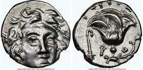 CARIAN ISLANDS. Rhodes. Ca. 205-190 BC. AR hemidrachm (11mm, 1.21 gm, 12h). NGC Choice AU 4/5 - 4/5. Gorgos, magistrate. Facing head of Helios, turned...