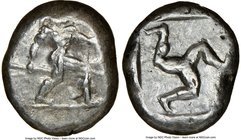 PAMPHYLIA. Aspendus. Ca. mid-5th century BC. AR stater (20mm). NGC VF. Helmeted nude hoplite advancing right, shield in left hand, spear forward in ri...
