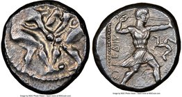 PAMPHYLIA. Aspendus. Ca. 420-380 BC. AR stater (22mm, 5h). NGC VF. Two nude male wrestlers grappling / EΣTFEΔIIYΣ, slinger in short tunic advancing ri...