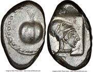 PAMPHYLIA. Side. Ca. 5th century BC. AR stater (23mm, 10.84 gm, 6h). NGC AU 4/5 - 4/5. Ca. 430-400 BC. Pomegranate, guilloche beaded border / Head of ...