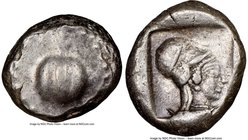 PAMPHYLIA. Side. Ca. 5th century BC. AR stater (20mm, 10.79 gm, 3h). NGC XF 4/5 - 4/5. Ca. 430-400 BC. Pomegranate, guilloche beaded border / Head of ...