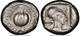 PAMPHYLIA. Side. Ca. 5th century BC. AR stater (20mm, 10.86 gm, 12h). NGC Choice VF 5/5 - 2/5, test cut. Ca. 430-400 BC. Pomegranate, guilloche beaded...