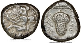 CILICIA. Soloi. Ca. 440-400 BC. AR stater (20mm, 9h). NGC XF. Amazon, nude to waist, on one knee left, wearing pointed cap, bowcase attached to belt, ...