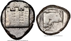 CILICIA. Tarsus (?). Ca. late 5th century BC. AR stater (20mm, 10.92 gm, 4h). NGC Choice Fine 3/5 - 4/5. Side-view of fortified city walls with three ...