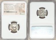 M. Marcius Mn.f. (ca. 134 BC). AR denarius (19mm, 3.95 gm, 5h). NGC MS 5/5 - 4/5. Rome. Head of Roma right, wearing winged helmet decorated with griff...