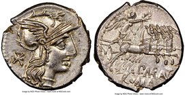 P. Maenius Antiaticus (ca. 132 BC). AR denarius (19mm, 3.96 gm, 3h). NGC Choice MS 5/5 - 5/5. Rome. Head of Roma right, wearing winged helmet surmount...