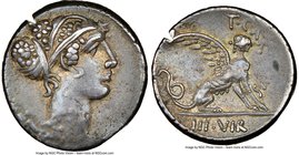 T. Carisius (ca. 46 BC). AR denarius (17mm, 3h). NGC XF, edge cut. Rome. Head of Sibyl right, hair wrapped in jeweled sphendone and tied with bands / ...