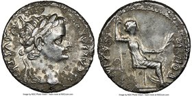 Tiberius (AD 14-37). AR denarius (18mm, 3.58 gm, 1h). NGC Choice AU 4/5 - 1/5. Lugdunum. TI CAESAR DIVI-AVG F AVGVSTVS, laureate head of Tiberius righ...