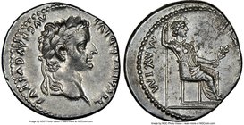 Tiberius (AD 14-37). AR denarius (19mm, 3.73 gm, 7h). NGC AU 4/5 - 3/5. Lugdunum. TI CAESAR DIVI-AVG F AVGVSTVS, laureate head of Tiberius right / PON...
