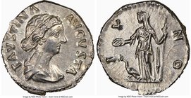 Faustina Junior (AD 147-175/6). AR denarius (18mm, 3.25 gm, 11h). NGC MS 5/5 - 3/5, scuff. Rome, AD 161-176. FAVSTINA-AVGVSTA, draped bust of Faustina...